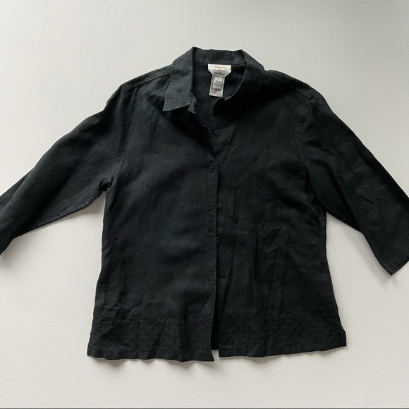 Vintage Linen Button Up Collared Shirt Embroidered - Picture 3 of 5